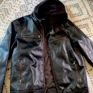 Black rivet leather jacket, chest zippers, builtin zip hoodie, motor cycle
